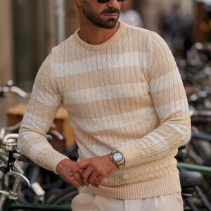 Donato Cream/White Cable Knit Stripe Cotton Sweater